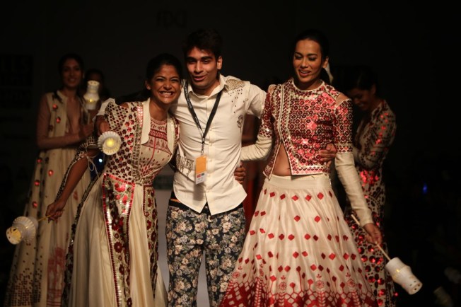 Sahil Kochhar with Carol Gracias and fellow model at Wills India Fashion Week Spring/Summer 2015