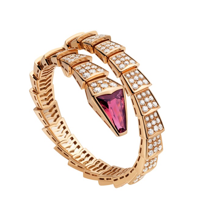 Serpenti bracelet in 18K Pink Gold 57,5 grs with 1 Rubellite and 221 Mounted Pave Setting 7,85 cts